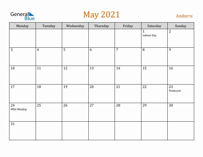 May 2021 Holiday Calendar with Monday Start