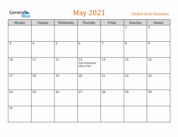 May 2021 Holiday Calendar with Monday Start