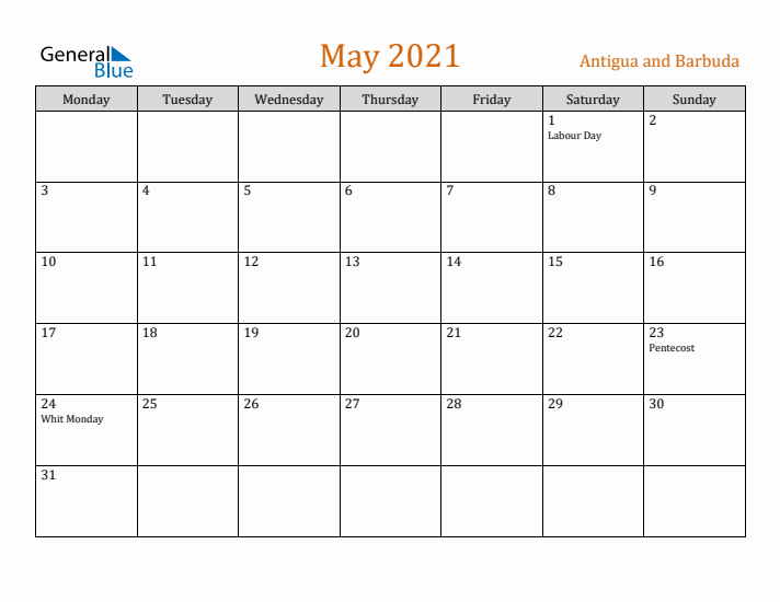 May 2021 Holiday Calendar with Monday Start