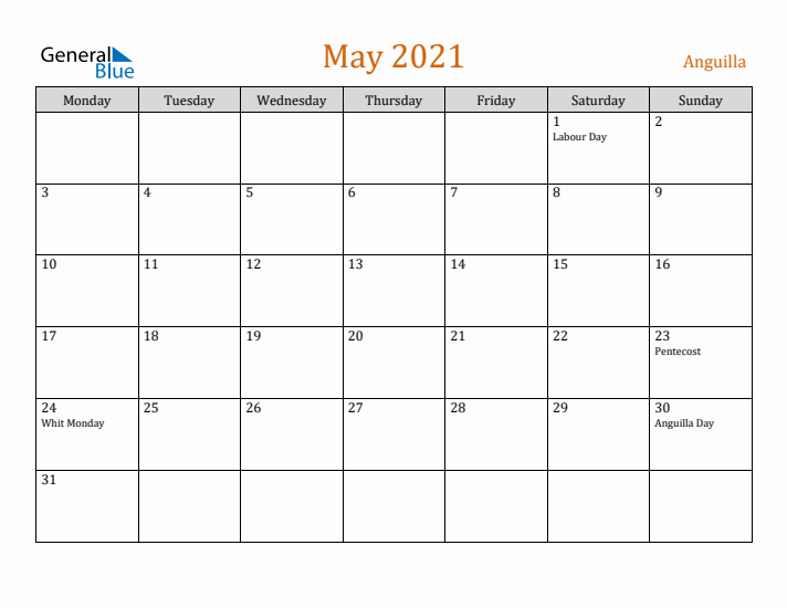 May 2021 Holiday Calendar with Monday Start