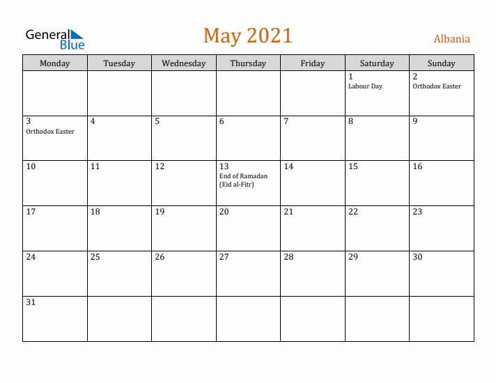 May 2021 Holiday Calendar with Monday Start