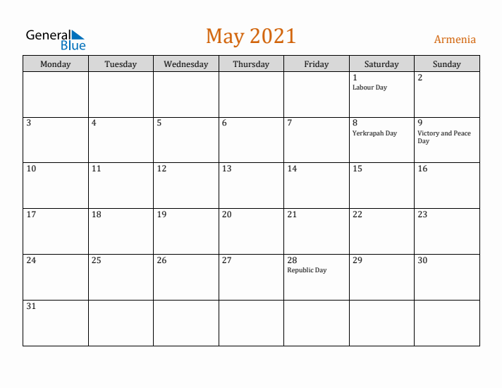 May 2021 Holiday Calendar with Monday Start