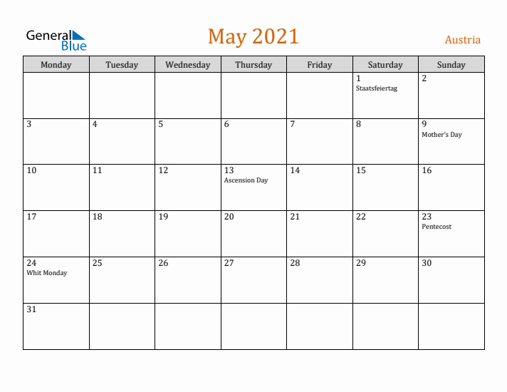 May 2021 Holiday Calendar with Monday Start