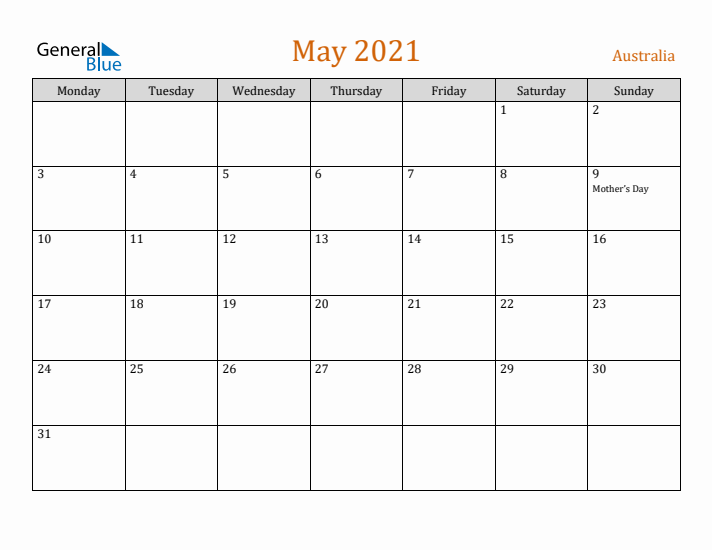 May 2021 Holiday Calendar with Monday Start