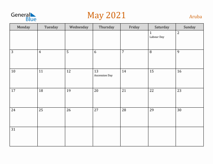 May 2021 Holiday Calendar with Monday Start