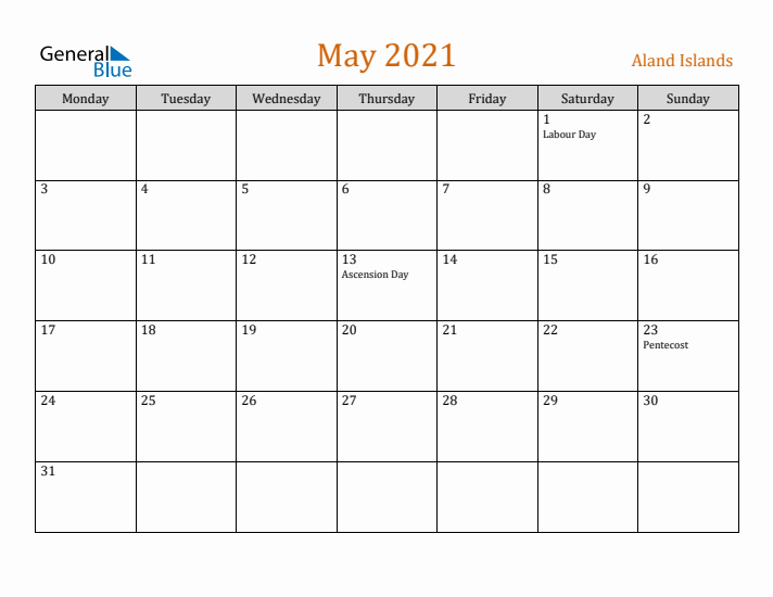 May 2021 Holiday Calendar with Monday Start