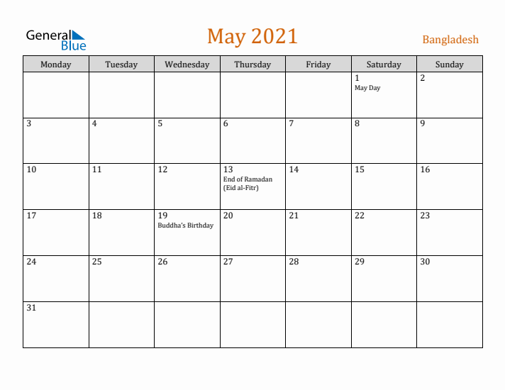 May 2021 Holiday Calendar with Monday Start