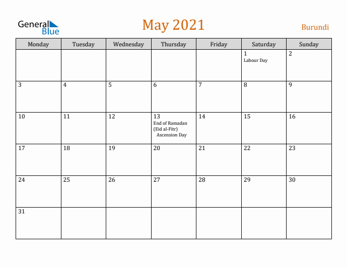 May 2021 Holiday Calendar with Monday Start