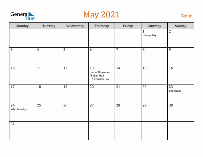 May 2021 Holiday Calendar with Monday Start