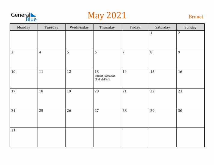 May 2021 Holiday Calendar with Monday Start