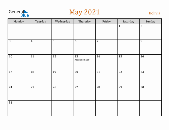 May 2021 Holiday Calendar with Monday Start