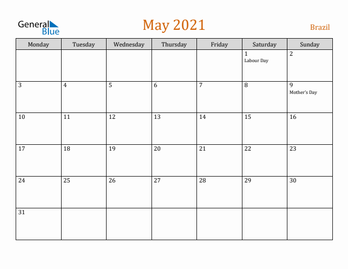 May 2021 Holiday Calendar with Monday Start