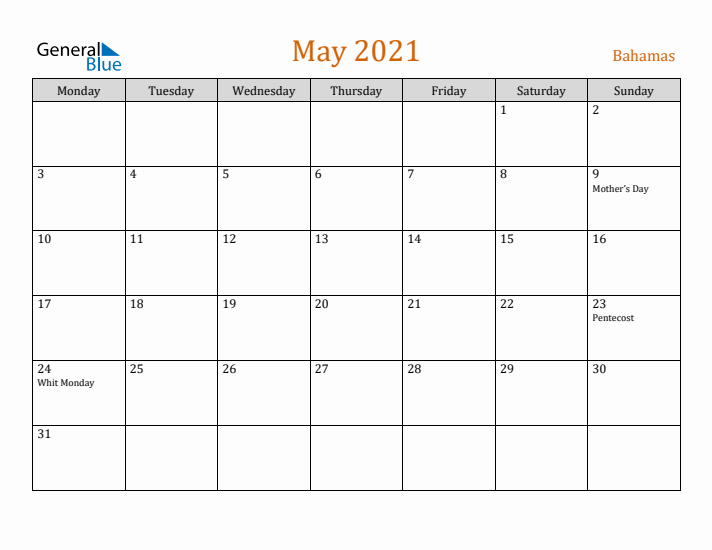 May 2021 Holiday Calendar with Monday Start