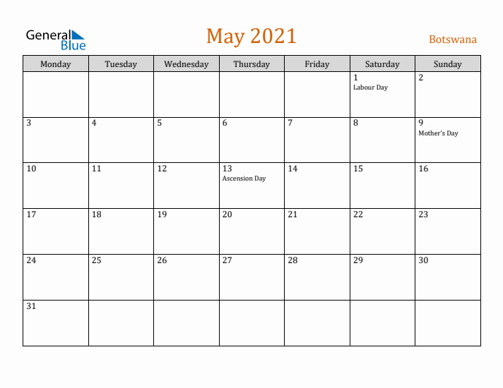 May 2021 Holiday Calendar with Monday Start