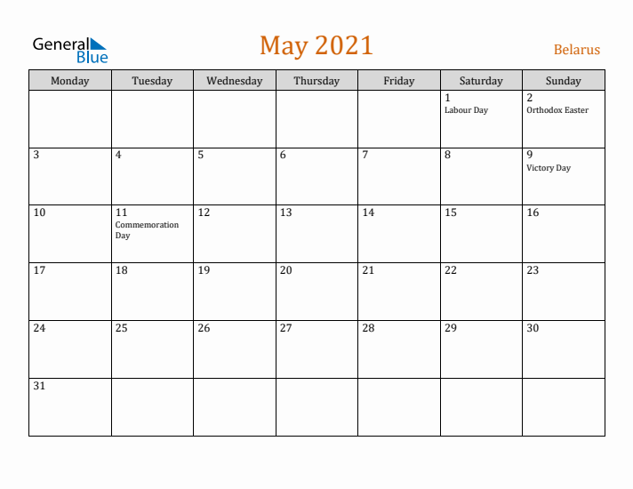 May 2021 Holiday Calendar with Monday Start