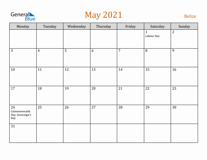 May 2021 Holiday Calendar with Monday Start