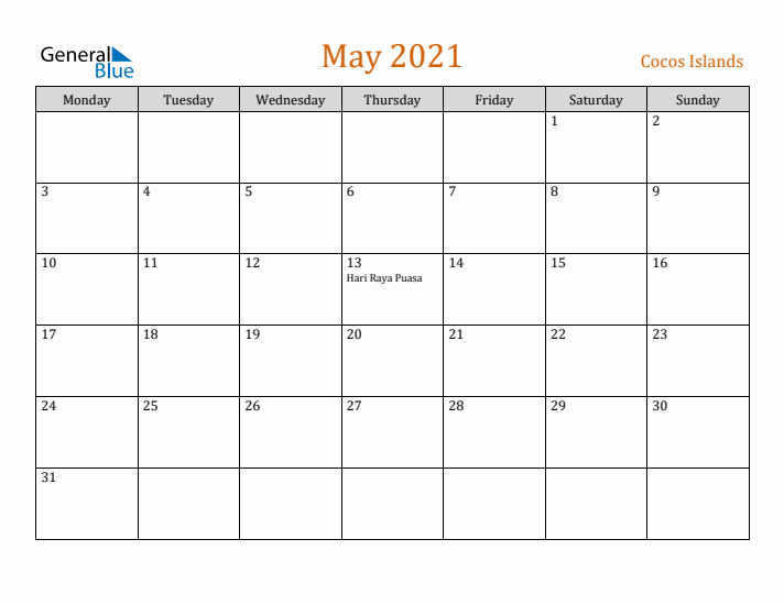 May 2021 Holiday Calendar with Monday Start