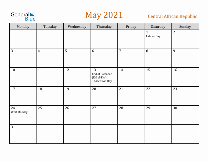 May 2021 Holiday Calendar with Monday Start