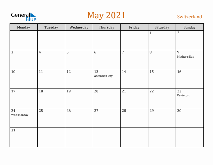 May 2021 Holiday Calendar with Monday Start