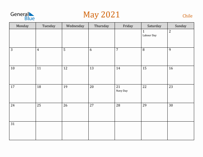 May 2021 Holiday Calendar with Monday Start