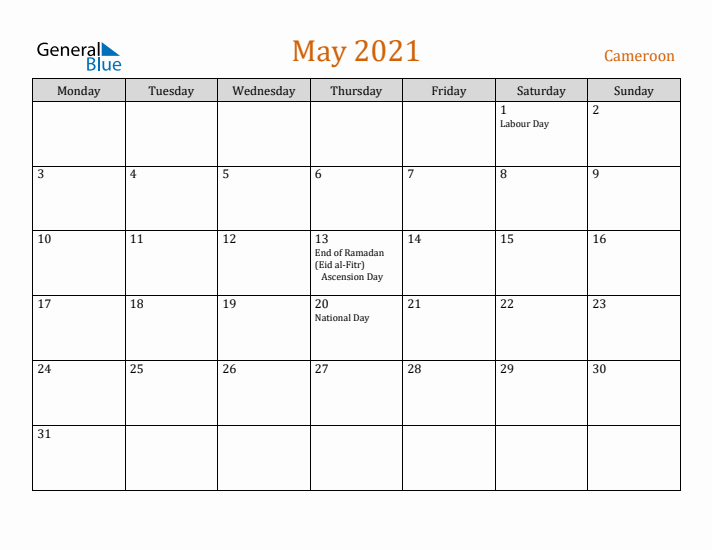 May 2021 Holiday Calendar with Monday Start