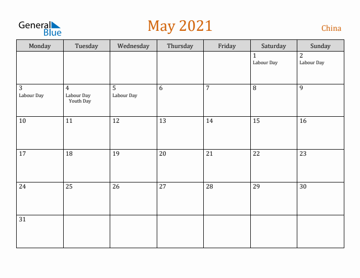 May 2021 Holiday Calendar with Monday Start