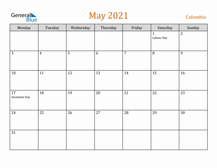 May 2021 Holiday Calendar with Monday Start