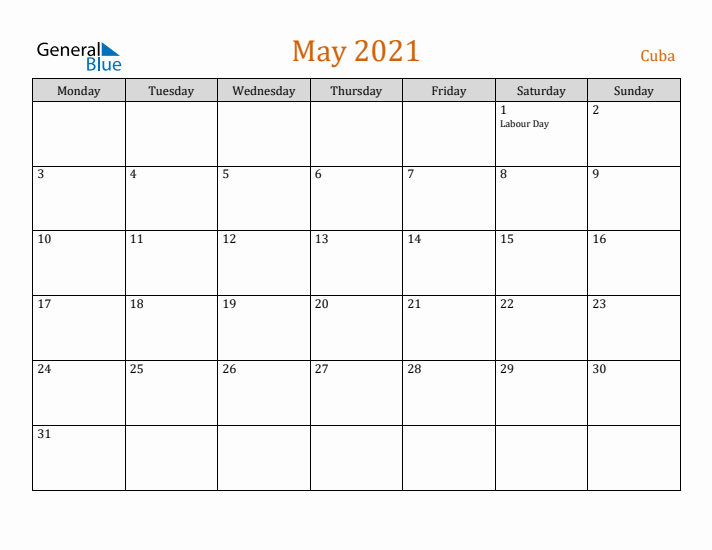 May 2021 Holiday Calendar with Monday Start