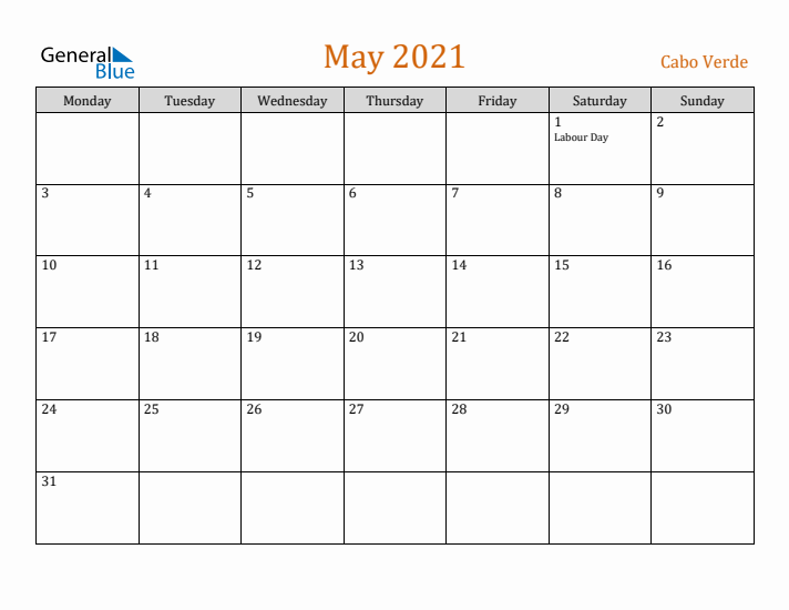 May 2021 Holiday Calendar with Monday Start