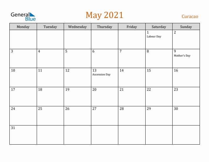 May 2021 Holiday Calendar with Monday Start