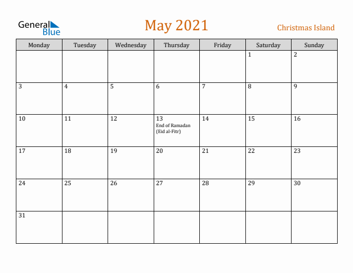 May 2021 Holiday Calendar with Monday Start