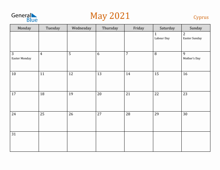 May 2021 Holiday Calendar with Monday Start