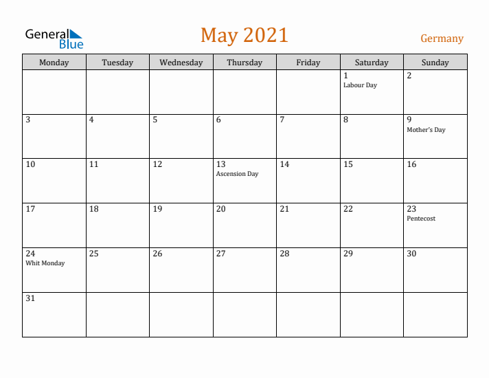 May 2021 Holiday Calendar with Monday Start