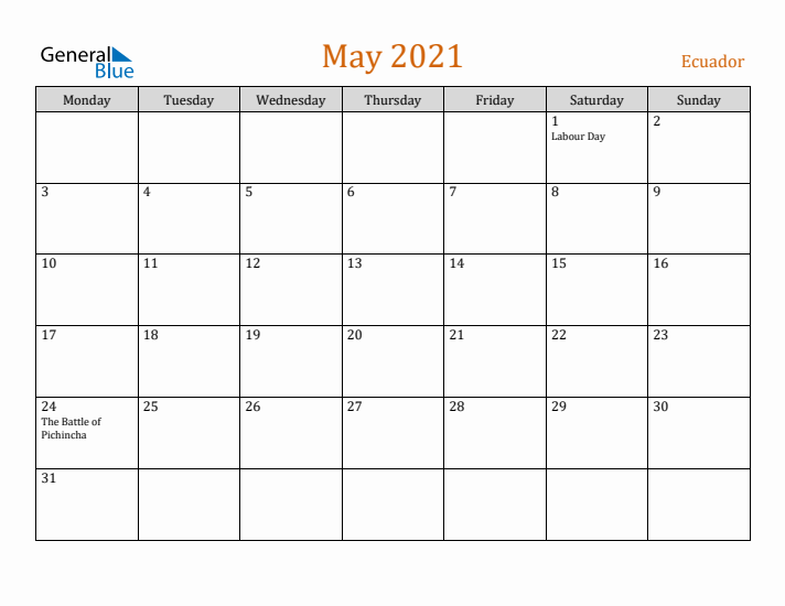 May 2021 Holiday Calendar with Monday Start