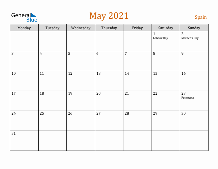 May 2021 Holiday Calendar with Monday Start