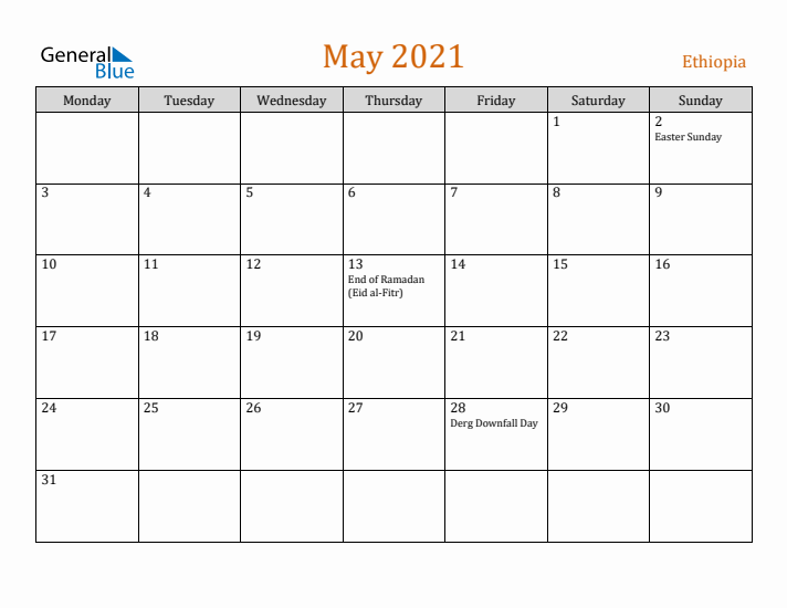 May 2021 Holiday Calendar with Monday Start