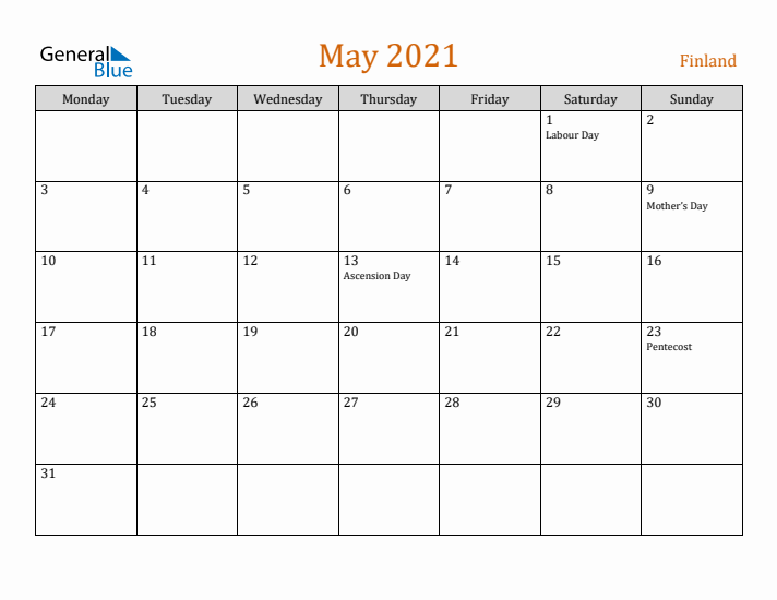 May 2021 Holiday Calendar with Monday Start