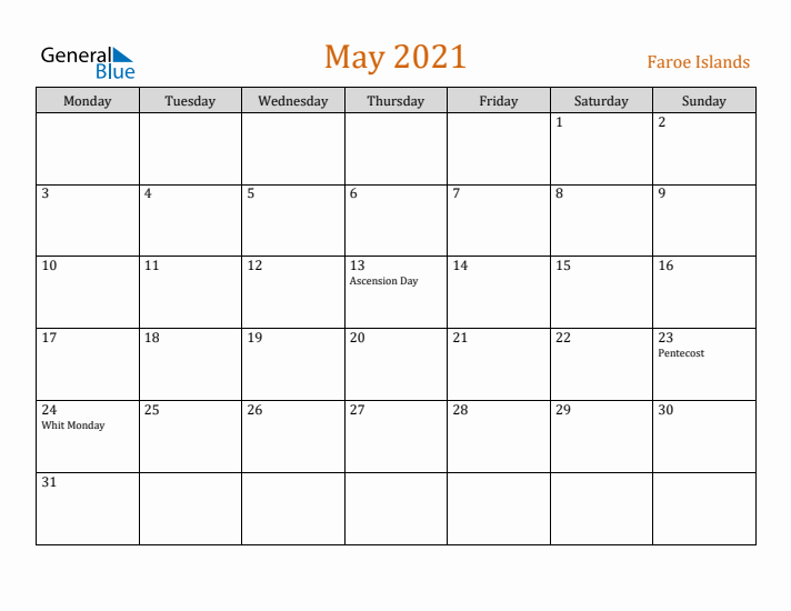 May 2021 Holiday Calendar with Monday Start