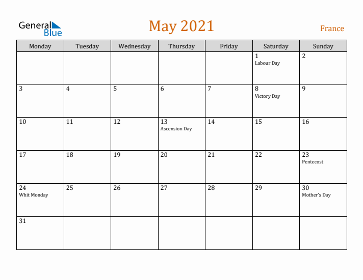 May 2021 Holiday Calendar with Monday Start