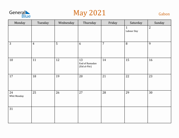 May 2021 Holiday Calendar with Monday Start