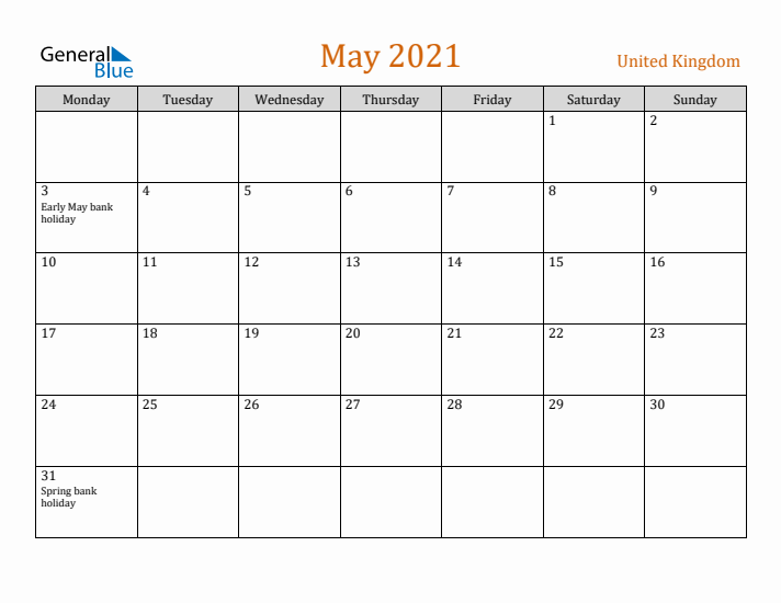 May 2021 Holiday Calendar with Monday Start