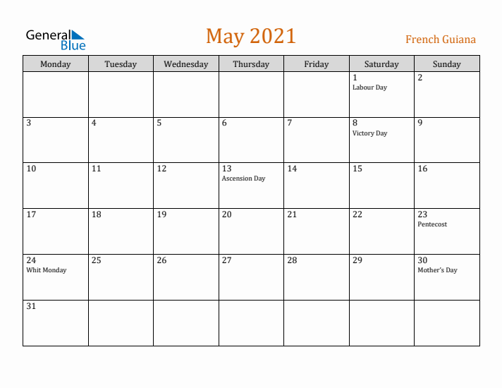 May 2021 Holiday Calendar with Monday Start