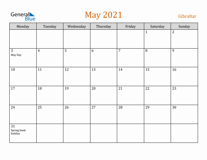 May 2021 Holiday Calendar with Monday Start