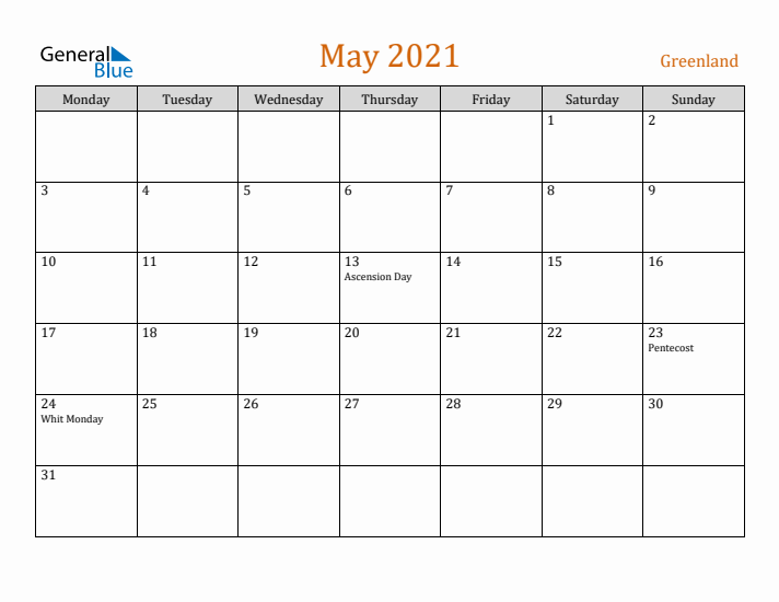 May 2021 Holiday Calendar with Monday Start