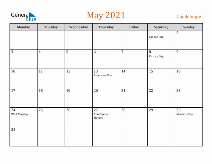 May 2021 Holiday Calendar with Monday Start