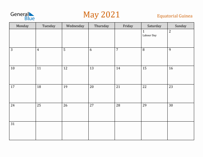 May 2021 Holiday Calendar with Monday Start