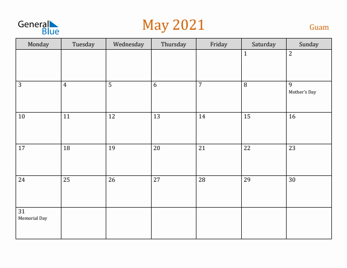 May 2021 Holiday Calendar with Monday Start