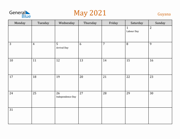 May 2021 Holiday Calendar with Monday Start