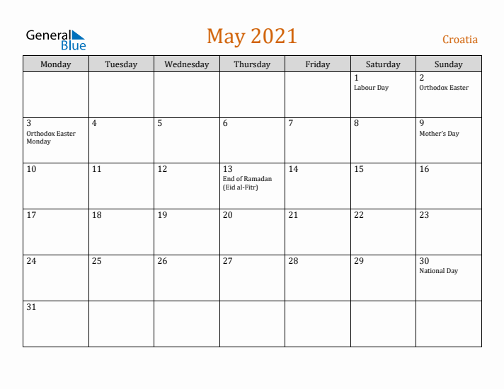 May 2021 Holiday Calendar with Monday Start