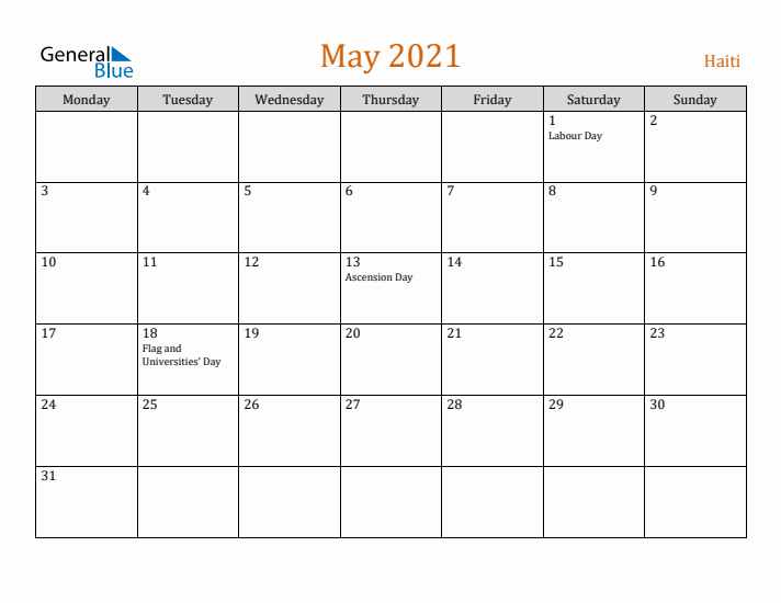 May 2021 Holiday Calendar with Monday Start